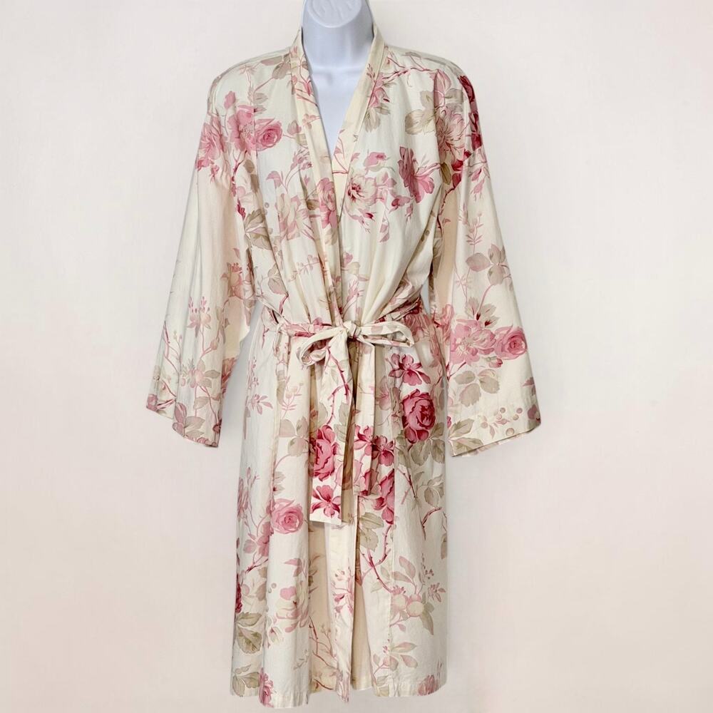 Vintage 90s Floral Cotton Kimono Robe Cottagecore Wrap Duster Mas d’Ouvan Paris - Picture 2 of 11